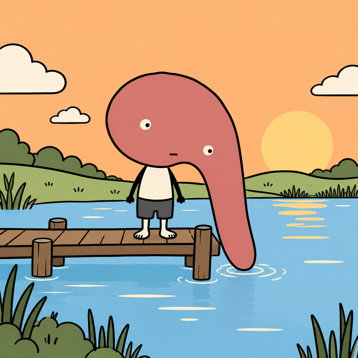 Longhead stands on a low wooden lakeside pier and touches the water with the tip of his head at sunset