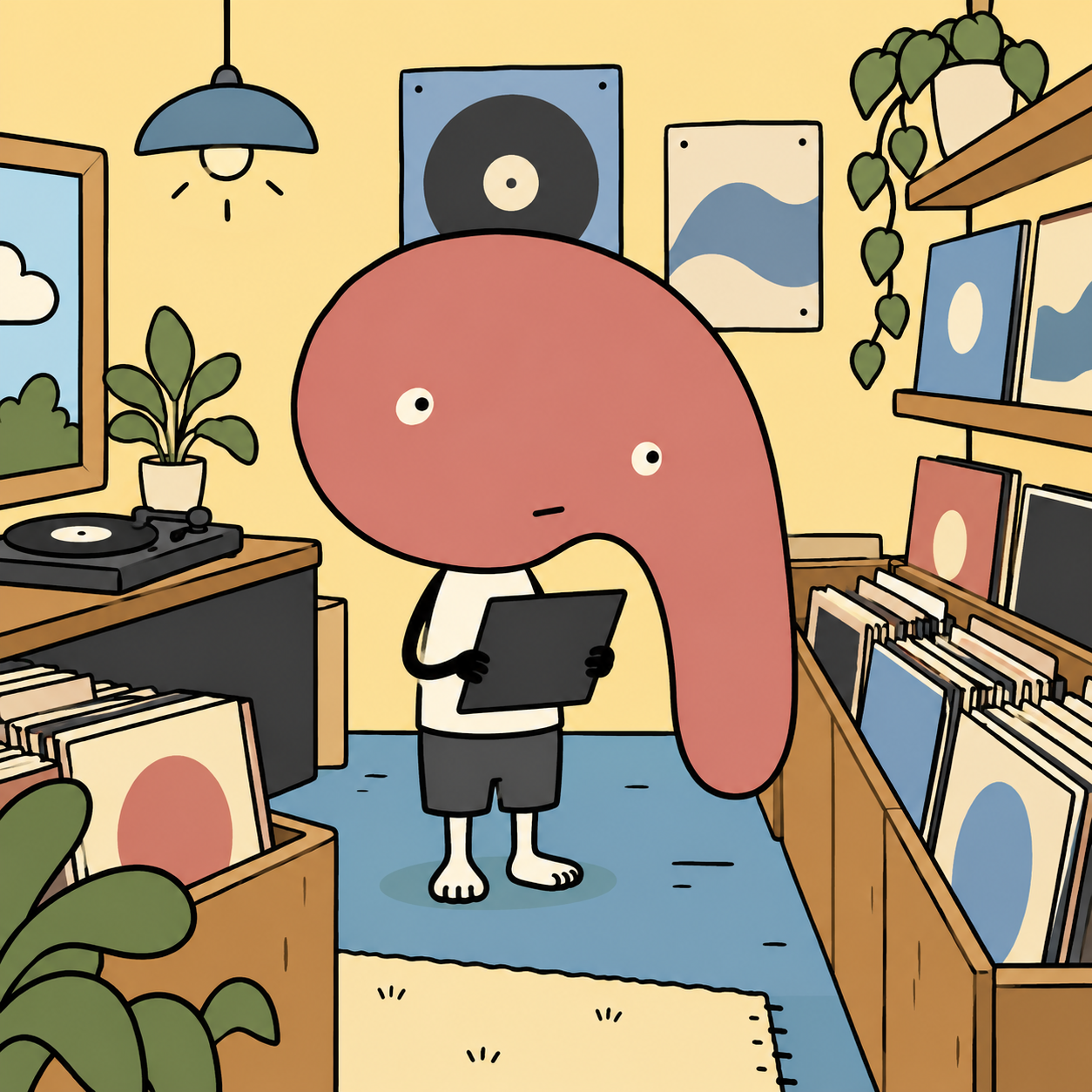 Longhead holding a record inside a small independent record shop