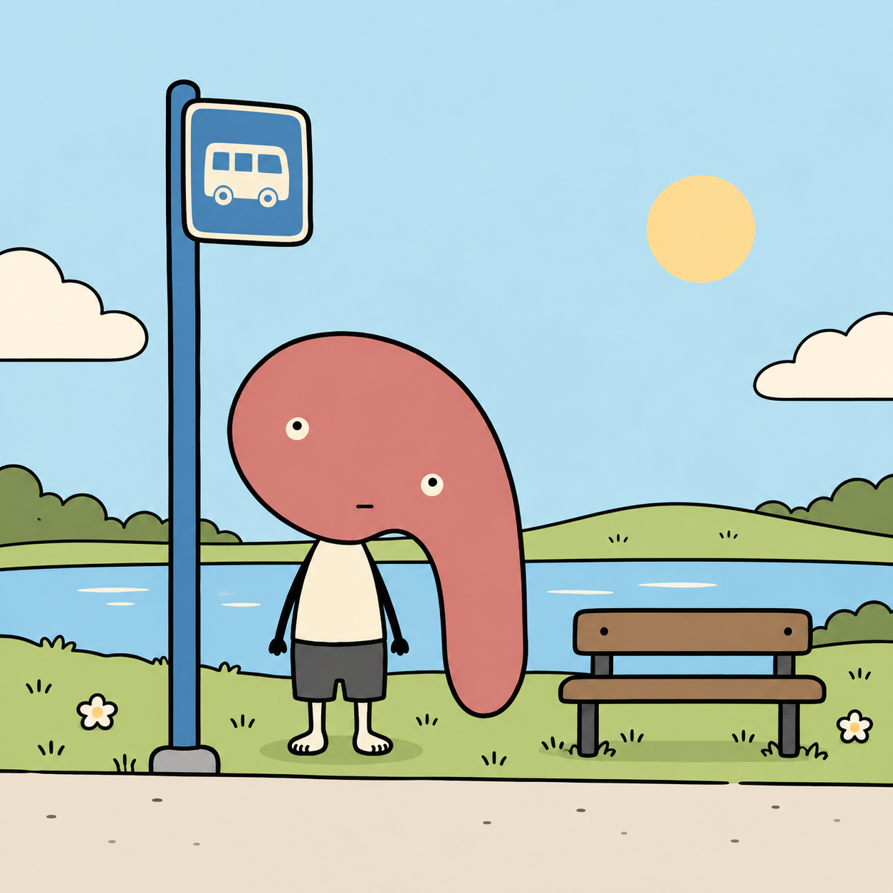 Longhead waits by the bus stop near the lake on a clear morning