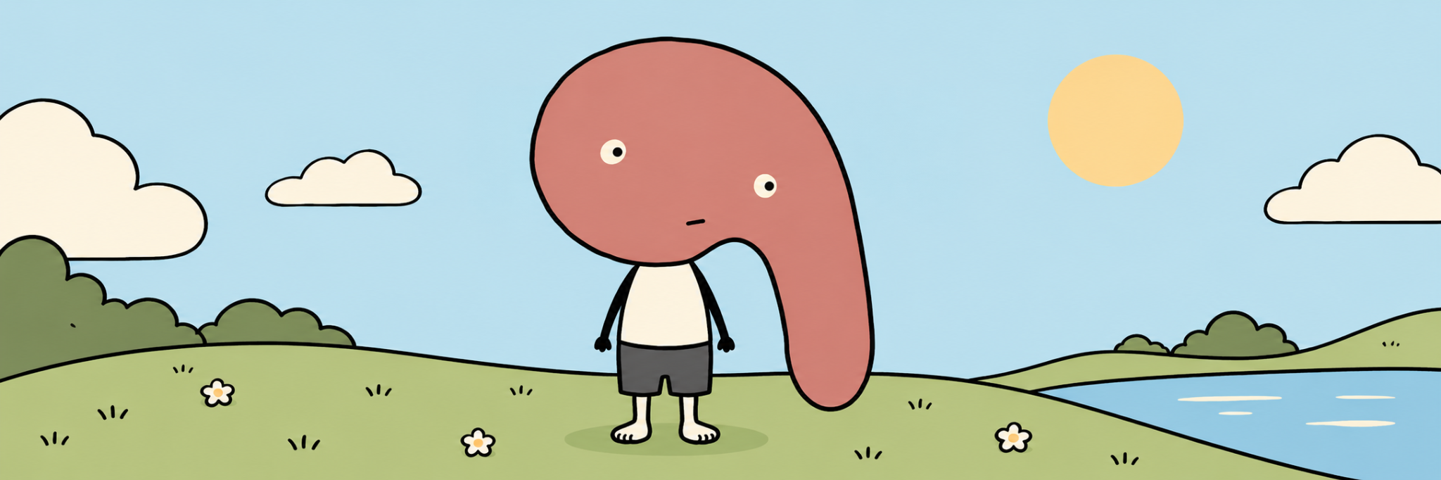 Original Longhead banner: the pink-headed character by a lake under a warm sun
