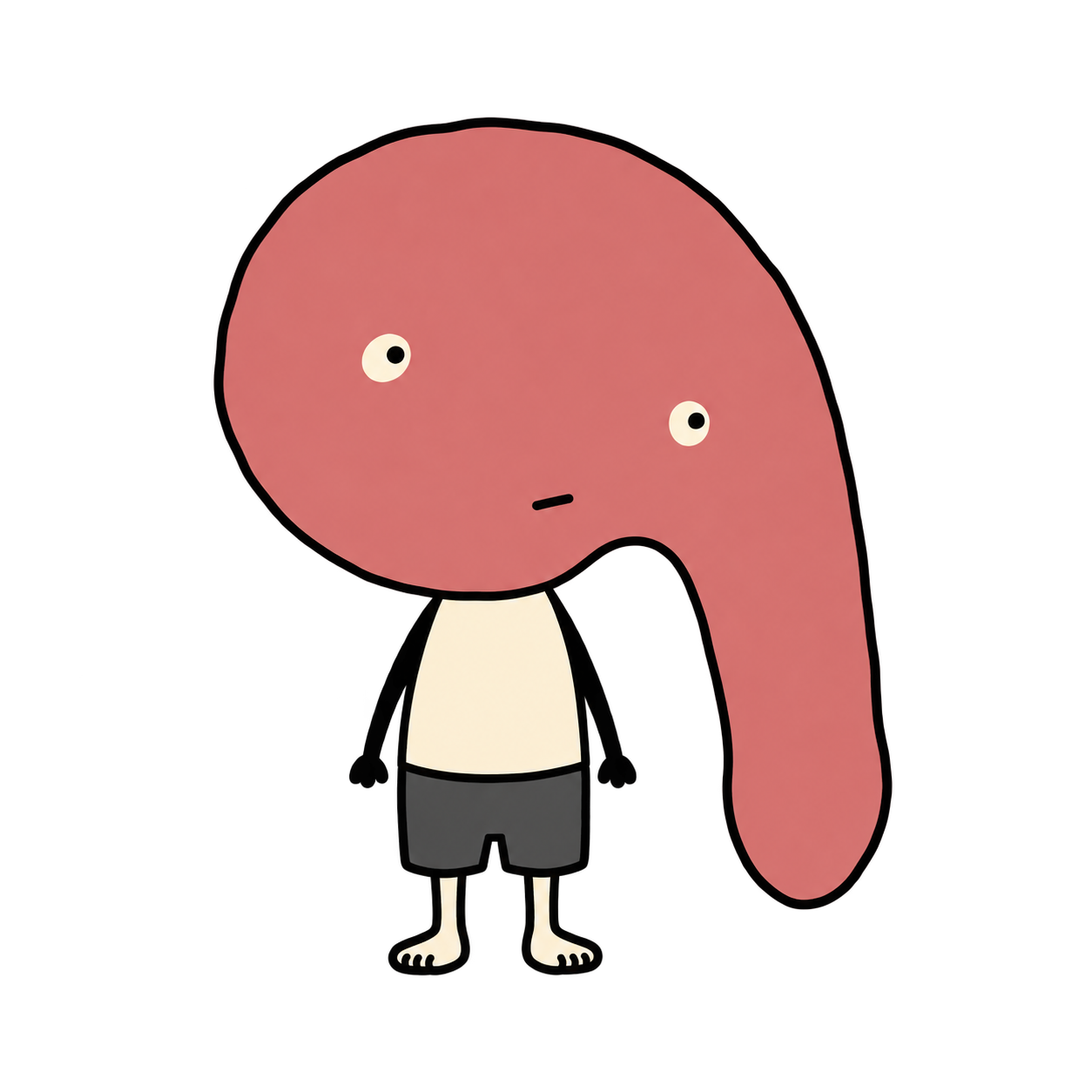 Longhead, a quiet cartoon character with an enormous dusty-pink head, cream shirt and dark shorts